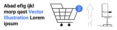 Üç tebligatlı alışveriş arabası, yukarı ok, ofis sandalyesi taslağı, metin tutucuları. E-ticaret, perakende satış, bildiriler, ofis kurulumu, minimalizm, üretkenlik ve web tasarımı için ideal. İniş