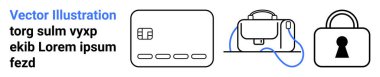 Kredi kartı, evrak çantası ve mavi metinli asma kilit simgeleri. Dijital güvenlik, finans, ticaret, e-ticaret, siber güvenlik, çevrimiçi işlemler ve markalaşma için ideal. İniş sayfası