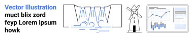 Şelale barajı, yel değirmeni ve analiz şeması. Yenilenebilir enerji, hidroelektrik, rüzgar enerjisi, veri analizi, sürdürülebilirlik, temiz teknoloji, çevre eğitimi iniş sayfası için ideal