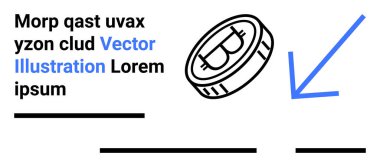 Bitcoin sembollü kripto para, mavi ok, metin tutucular ve siyah çizgiler. Finansal web siteleri, kripto para birimi blogları, fintech uygulamaları, çevrimiçi kurslar, yatırım rehberleri, pazarlama için ideal