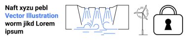 Hidroelektrik baraj suyu, yenilenebilir enerji üretimi için rüzgar türbini ve kilit simgesi. Yenilenebilir enerji, su kaynakları, güvenlik, temiz enerji ve çevre dostu teknoloji için ideal