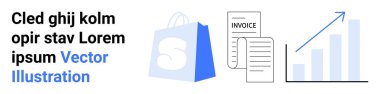 S harfli mavi alışveriş çantası, fatura belgeleri ve yükselen bar grafiği e-ticaret, mali yönetim, çevrimiçi alışveriş, iş analizleri ve dijital pazarlama iniş sayfası için ideal