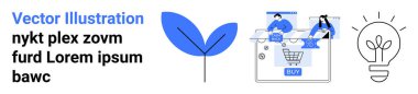 İki kişi bir web sitesi arayüzünde alışveriş arabasını itiyor, mavi yaprak, ampul çizgisi. E-ticaret, çevre dostu ürünler, yenilik, sürdürülebilirlik, çevrimiçi alışveriş, dijital çözümler için ideal