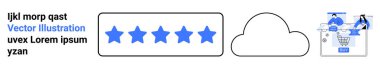 Müşteri değerlendirme yıldızları, bulut depolama sembolü ve insan karakterleri ve alışveriş arabasıyla online alışveriş konsepti. E-ticaret, çevrimiçi geri bildirim, kullanıcı deneyimi tasarımı, dijital depolama için ideal