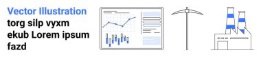 Grafikleri, kazmaları ve bacalı fabrika binalarını gösteren tablet. İş analitiği, madencilik, endüstriyel kalkınma, veri görselleştirme, mühendislik, teknoloji ve ekonomik büyüme için ideal