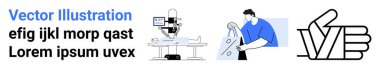 Mikroskop kullanan bilim araştırmacısı, kıyafetleri ütüleyen kişi ve minimalist vektör grafiklerinde onaylandığını gösteren bir işaret. Eğitim içeriği ve teknoloji için ideal