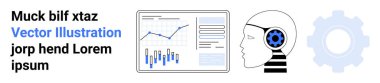 Data charts, human profile with gear brain, and gear icon evoke themes of data analysis, artificial intelligence, technology, analytics, business intelligence, and innovation. Ideal for tech, AI clipart