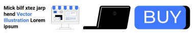 Bilgisayar ekranında, laptopta ve mavi butonda. E-ticaret, çevrimiçi alışveriş, dijital pazarlama, web sitesi iniş sayfası, internet perakendecisi, kullanıcı arayüzü, mobil ticaret için ideal. İniş