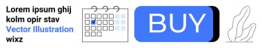 Takvim simgesi, büyük mavi BUY düğmesi, metin blokları ve soyut yaprak motifi. E-ticaret, programlama, web tasarımı, UIUX, dijital pazarlama, online alışveriş, modern estetik için ideal. İniş sayfası