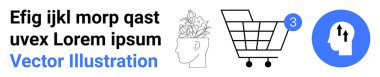 Metin tutucu, bitkilerle soyut kafa, tebligatlı alışveriş arabası, oklu insan kafası. E-ticaret, yenilik, zihinsel büyüme, modern tasarım, pazarlama, teknoloji, çevrimiçi için ideal
