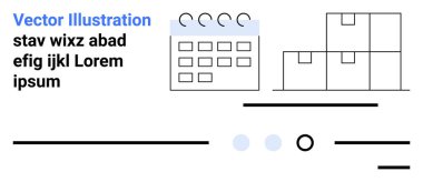 İşaretli takvim, istiflenmiş depo kutuları, metin ögeleri, çizgiler ve noktalar. Lojistik, envanter yönetimi, planlama, tedarik zinciri, organizasyon, depolama zamanlaması için ideal