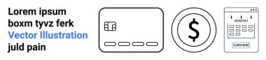 Kredi kartı, dolar sembolü ve abonelik formu dijital işlemleri ve çevrimiçi hizmetleri vurguluyor. E-ticaret, çevrimiçi ödemeler, bankacılık, abonelik, finans hizmetleri, dijital