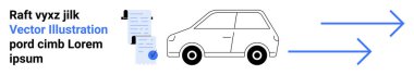 Araba belgenin yanında ve ileri bakan oklar. Ulaşım, lojistik, verimlilik, navigasyon, ilerleme, dağıtım, zaman yönetimi temaları için idealdir. İniş sayfası