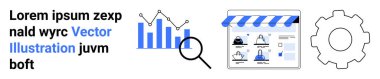 Analitik grafik, büyüteç, depolama arayüzü ve vites simgesiyle E-ticaret platformu önizlemesi. Çevrimiçi iş, pazar analizi, web geliştirme, e-ticaret, veri görselleştirme SEO için ideal