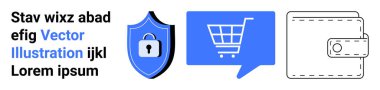 Kilitli kalkan, alışveriş arabalı konuşma balonu ve cüzdan ikonları. Güvenlik, e-ticaret, çevrimiçi alışveriş, dijital işlemler, finansal hizmetler, güvenli ödemeler, web tasarımı için ideal. İniş