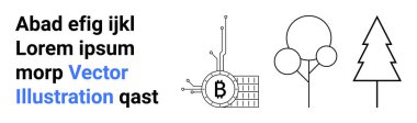 Sade yuvarlak ve üçgen ağaçların yanında siyah ve beyaz Bitcoin devresi ve yanında da yer tutucu metin. Teknoloji, engelleme zinciri, doğa, fintech, eko-girişimler, dijital sanat için ideal