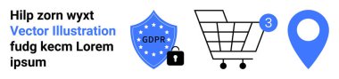 GDPR kilidi olan bir kalkan, tebligatlı alışveriş arabası, lokasyon şifresi ve örnek metin. Veri güvenliği, e-ticaret, konum hizmetleri, gizlilik, çevrimiçi alışveriş, kullanıcı bildirimi, web tasarımı için ideal