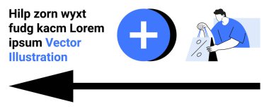 Alışveriş torbaları taşıyan bir adam, mavi artı işareti, solu gösteren siyah bir ok, ve rastgele karakterlerle mesajlaşan. Çevrimiçi alışveriş, pazarlama, dağıtım hizmetleri, e-ticaret, navigasyon metin düzeni için ideal