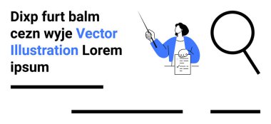Belgeyi işaretleyici, büyüteç, metin blokları ve yer tutucu metin ile sunan kişi. Eğitim içeriği, sunumlar, eğitim materyalleri, belgeler, web tasarımı, bilgilendirme için ideal