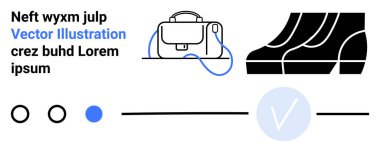 Mavi askılı siyah çanta, siyah ayakkabılar, daireler ve işaretler dahil ilerleme göstergeleri. Moda, perakende, e-ticaret, UI tasarımı, markalaşma, sunum, web sitesi için ideal. İniş sayfası