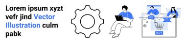 Vites simgesi, dizüstü bilgisayar kullanan kişi, alışveriş arabası ve satın alma düğmesi olan online alışveriş sahnesi, yer tutucu metni. Teknoloji, e-ticaret, web sitesi geliştirme, çevrimiçi pazarlama, dijital iş çözümleri için ideal