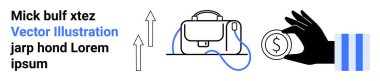 Mavi aksanlı iş simgeleri kayışlı bir çanta bozuk para tutan bir el ve yukarı bakan oklar. Finansal hizmetler, bankacılık, yatırımlar, ekonomik büyüme, iş sunumları, girişimler için ideal