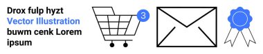 Tebligat kartı, zarf ve kurdeleli alışveriş arabası. E-ticaret, e-posta pazarlama, bildirimler, müşteri hizmetleri, rozetler, ödüller, dijital iletişim iniş sayfası için ideal