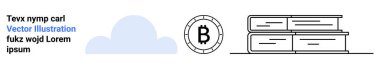 Bulut sembolü, Bitcoin simgesi, içinde yer tutucu metin olan kitaplar. Teknoloji, finans, eğitim, modern tasarım, dijital temalar, kripto para birimi, veri depolama için idealdir. İniş sayfası