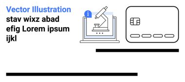 Bilgi simgesi ve kredi kartı illüstrasyonlu bir bilgisayar ekranında mikroskop. Bilim, araştırma, e-ticaret, teknoloji, çevrimiçi ödemeler, mali işlemler, dijital içerik için ideal