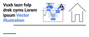 İnsanlar yüzen alışveriş arabası ikonlarıyla, viteslerle ve yüzdelerle etkileşime geçiyorlar. Ev ortamını gösteren bir taslak. E-ticaret için ideal, çevrimiçi alışveriş, teknoloji, ev bazlı işletmeler