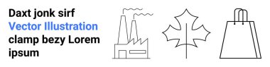Sigara fabrikası, akçaağaç yaprağı ve alışveriş poşeti ikonları yatay olarak hizalanmış. Metin elemanları sola doğru konumlandırıldı. İş, çevre, ticaret, imalat, doğa perakende için ideal