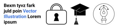 Anahtar delikli asma kilit, siyah mezuniyet şapkası ve dizayn çizgileriyle çevrili kalem ucu. Eğitim, güvenlik, yaratıcılık, teknoloji, bilgi erişim tasarımı için idealdir. İniş sayfası