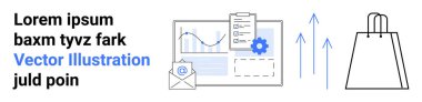 E-ticaretle ilgili görseller, bir alışveriş çantası, e-posta sembolü, belgeler ve büyüme okları olan bir veri tablosunu onaylıyor. Çevrimiçi alışveriş, pazarlama stratejileri, veri analizi ve dijital için ideal