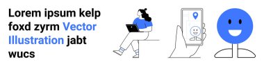 Laptop kullanan bir kadın, navigasyon rozetli akıllı telefon ve gülümseyen yüz ikonu. Teknoloji kullanımı, navigasyon uygulamaları, dijital iletişim, kullanıcı arayüzü tasarımı, modern yaşam, uzaktan çalışma için ideal. İniş sayfası