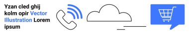 Sinyal dalgalı telefon, bulut sembolü ve konuşma balonunun içindeki alışveriş arabası. İletişim, bulut depolama, çevrimiçi alışveriş, ecommerce, müşteri hizmetleri, dijital pazarlama ve teknoloji için ideal