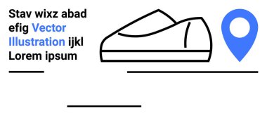 Mavi lokasyon iğnesi ve metin elemanları olan ayakkabı illüstrasyonu. Temel temalar e-ticaret, ayakkabı, navigasyon, pazarlama, marka tanıtımı, dijital arayüzler, tarz için idealdir. İniş sayfası