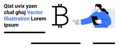Tableti tutan kişi Bitcoin sembolünü ve metin bloklarını işaret ediyor. Finans, kripto para birimi, fintech, yatırım, iş analizleri, dijital para birimi, eğitim içeriği için ideal. İniş sayfası