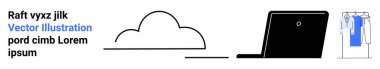 Dizüstü bilgisayar ve korkulukların yanında bulut çizgisi. Metin elemanları solda. IT hizmetleri, e-ticaret, dijital pazarlama, çevrimiçi alışveriş, bulut depolama, iş çözümleri ve İnternet sitesi için ideal