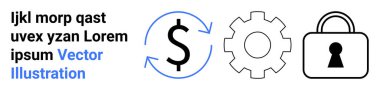 Dairesel oklarla dolar işareti, çark teçhizatı ve kilit finansal güvenlik ve operasyonel verimlilik için elementler sağlıyor. Bankacılık, finans, güvenlik, teknik ayarlar ve iniş için ideal