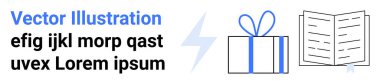 Kurdeleli hediye kutusu, açık kitap ve yıldırımın yanındaki yer tutucu metin. Eğitim, öğrenme, kutlamalar, tatiller, hediyeler ve dijital içerik için idealdir. İniş sayfası