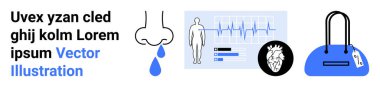 Damlacık burunlu burun solunum sorunlarını ön plana çıkarıyor, EKG monitörü kalp sağlığı, insan kalbi ikonu ve sağlık çantasını temsil ediyor. Tıbbi siteler, sağlık blogları, doktor ofisleri için ideal