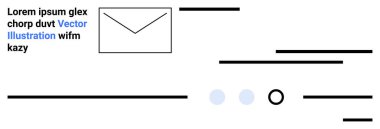 Bir zarf, metin tutucular, satırlar ve daireler içeren tek renkli tasarım. Web tasarımı için ideal, kullanıcı arayüzleri, modern estetik, minimalizm, dijital iletişim, profesyonel yerleşimler