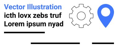 Çeşitli kavramlar için vites simgesi, mavi harita işaretleyici, yer tutucu metin ve yatay çizgiler. Sunumlar, iş çözümleri, konum hizmetleri, teknoloji temaları, pazarlama materyalleri için ideal