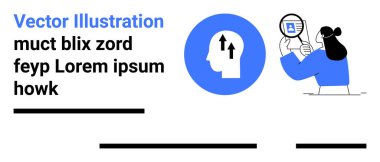 Belgeyi inceleyen birinin tuttuğu büyüteç, baş silueti ve büyüme okları. Veri analizi, beyin fırtınası, araştırma, psikoloji, iş geliştirme, eğitim ve stratejik konular için ideal