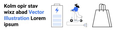 Elektrikli scooterlı bir kadın batarya alışveriş çantasına bağlanmış, yer tutucu metnin yanında. E-ticaret, çevre dostu ulaşım, teknoloji, kentsel hareketlilik, enerji verimliliği, modern