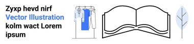Soldaki yazı, askıda asılı giysiler, açık kitap, mavi yaprak. Yaşam tarzı, moda, eğitim, dijital öğrenme çevre dostu temalar modern tasarım yaratıcı içerik için idealdir. İniş