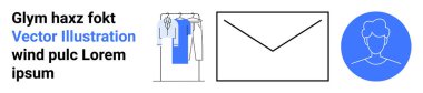 Clothing rack with hanging garments, envelope icon, and a user profile in a blue circle. Ideal for fashion, email communication, user profiles, identity, online shopping, newsletters social media clipart