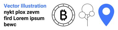 Çember içinde Bitcoin sembolü, ağaç çizgisi ve mavi bir lokasyon iğnesi. Finans, kripto para birimi, doğa koruma, navigasyon, web tasarımı, mobil uygulamalar, eğitim materyalleri için ideal. İniş sayfası
