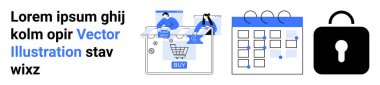 İnternetten alışveriş yapan iki kişi, olaylı takvim, güvenlik kilidi simgesi. E-ticaret, planlama, planlama, zaman yönetimi, güvenlik online hizmetleri ve dijital işlemler için ideal. İniş sayfası