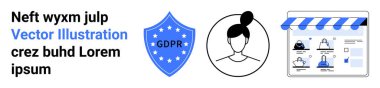 GDPR uyum kalkanı, kullanıcı profili simgesi ve Avatar resimleri ve ürün listeleriyle çevrimiçi mağaza arayüzü. Gizlilik, veri güvenliği, e-ticaret, kullanıcı yönetimi, uyum için ideal, çevrimiçi